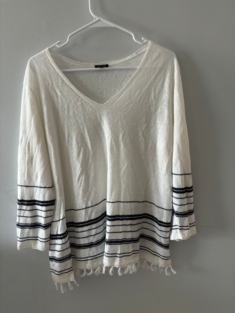 Talbots Top Women's Large White Striped Linen Fringe Nautical Beachy Coastal